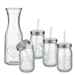 5tlg Set Vivalto Lima Karaffe + 4x Glas Mit Deckel Und Strohhalm