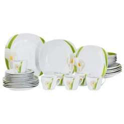 Kombiservice Calla 30-teilig Eckig Porzellan Für 6 Personen Weiß Mit Blumendekor