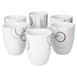 6er Set Kaffeebecher Palazzo 33cl - Kaffeetasse Aus Weißem Porzellan Mit Dekor-Kreisen In Grau Und Dunkelrot